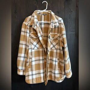 Tan and White Utility Jacket with Classic Plaid Design